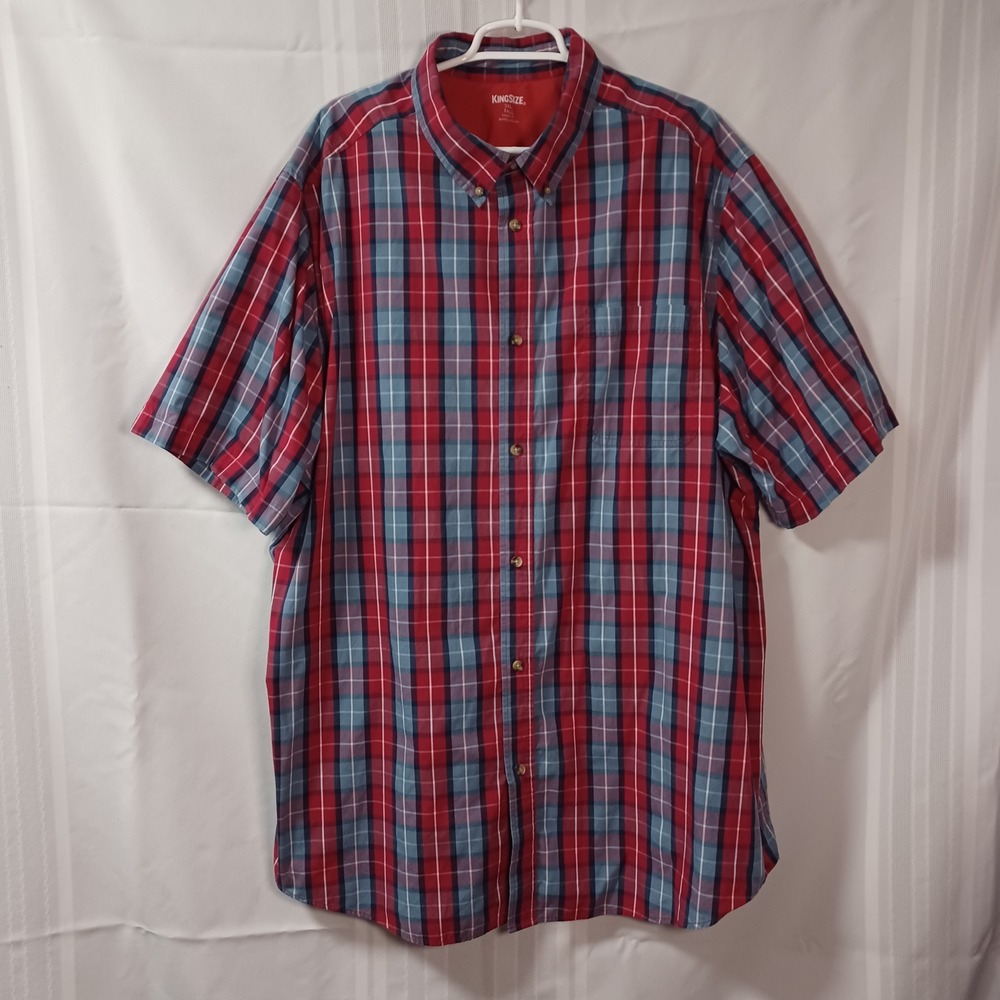 KingSize Button Down Shirt Mens 3XL Tall Red Blue Plaid Short Sleeve Casual Top